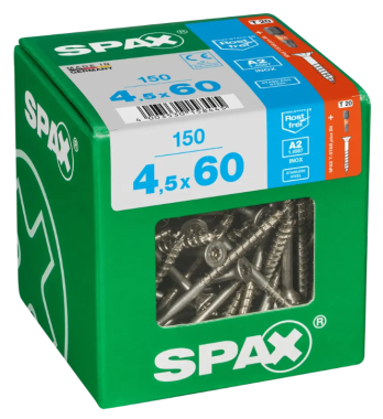 SPAX Edelstahlschraube, 4,5 x 60 mm, 150 Stück, Teilgewinde, Senkkopf, T-STAR plus T20, 4CUT, Edelstahl rostfrei A2, 4197000450606